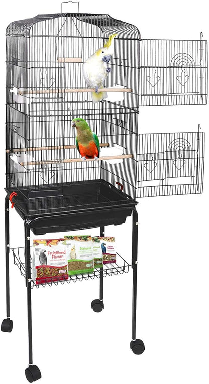 SUPER DEAL 59.3 Rolling Bird Cage Large Wrought Iron Cage for Cockatiel Sun Conure Parakeet Finch Budgie Lovebird Canary Medium Pet House with Rolling Stand & Storage Shelf