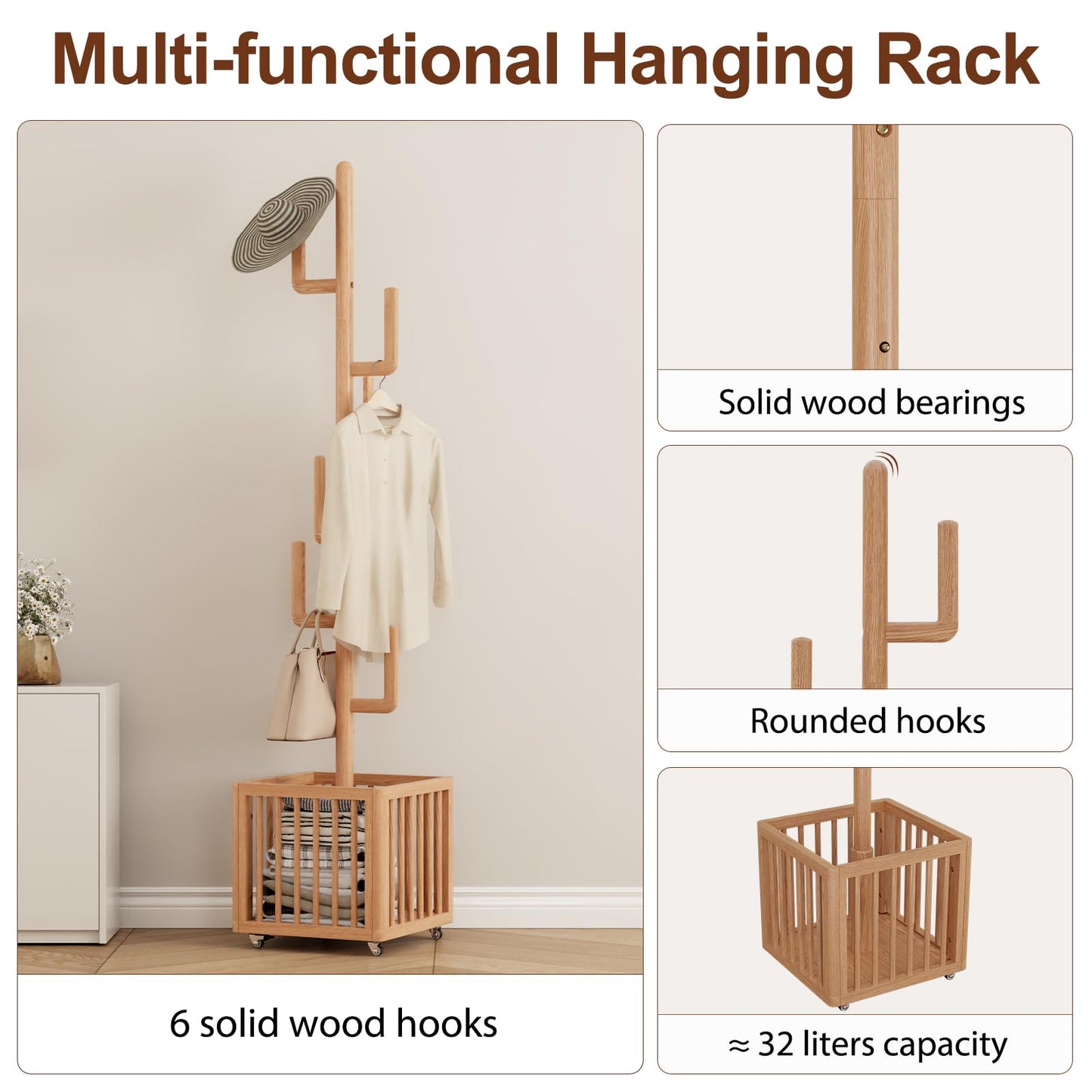 YQJJGL Solid Wood Cactus Coat Rack with 6 Hooks and Storage Basket,Natural