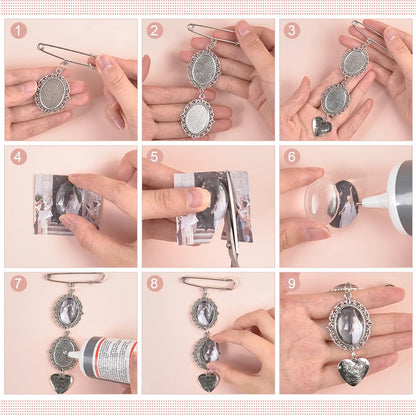 UNICRAFTALE 4 Sets 4 Styles Wedding Bouquet DIY Photo Charm Bouquet Memorial Bridal Charm Oval Round Pin Brooch Making Kit Heart Memorial Locket Cabochon Pendants for DIY Wedding Party Bridal Shower
