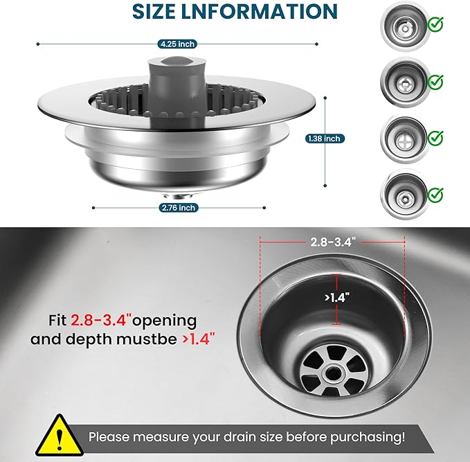 3-in-1 Kitchen Sink Strainer & Stopper, Stainless Steel Finish Pop Up Drain