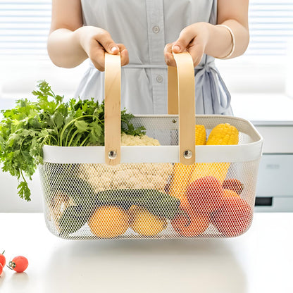 Ymeibe Wire Mesh Storage Organizer Basket Portable Garden Harvest Basket Fruit Basket Bin with Wood Handle Ideal for Kitchen Picnic Pantry Cabinets Storage Home Decor (Cold Gray)