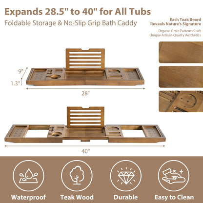 Realgulf Bamboo Bathtub Tray Caddy - Splash-Proof Adjustable (28.5-40") with Wine Holder, Tablet Stand & Non-Slip Grip | Spa-Grade Organizer for Bath Essentials & Reading- Walnut