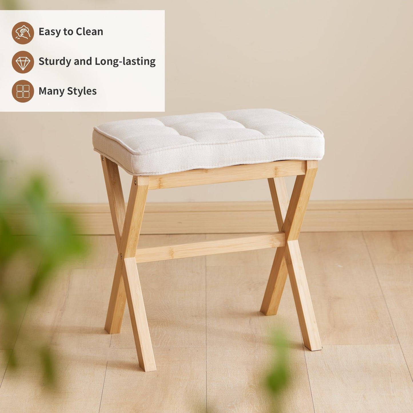 FILWH Foot Stool Small Ottoman Foot Rest Padded Foot Stool Desk for Under Office Desk Vanity Stool Bamboo Footstool Sofa Footrest Shoe Stool Small Foot Stools (Natural Legs + Beige)