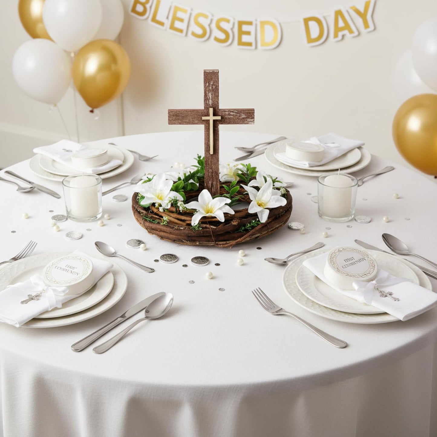 Kathfly First Holy Communion Cross Table Decor with Flower Wreath Standing Wooden Cross First Communion Religious Tabletop Signs Christian Baptism Centerpieces for Easter Rustic Farmhouse Decor Gift