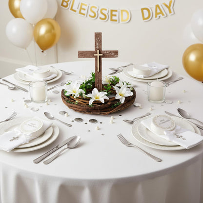 Kathfly First Holy Communion Cross Table Decor with Flower Wreath Standing Wooden Cross First Communion Religious Tabletop Signs Christian Baptism Centerpieces for Easter Rustic Farmhouse Decor Gift