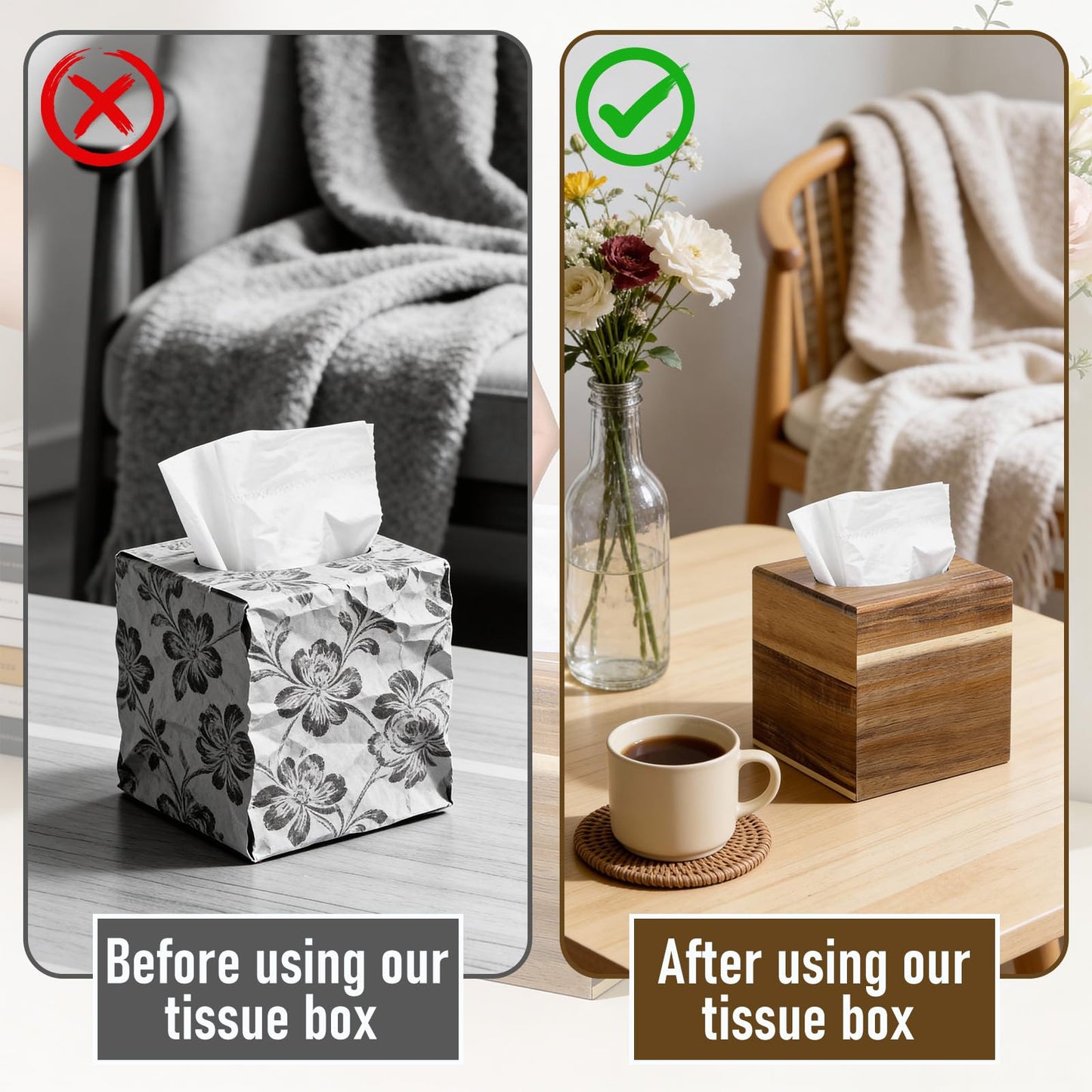 2 Pack Wooden Tissue Box Cover Square, Acacia Wood, 5.5 x 5.5 x 6.2