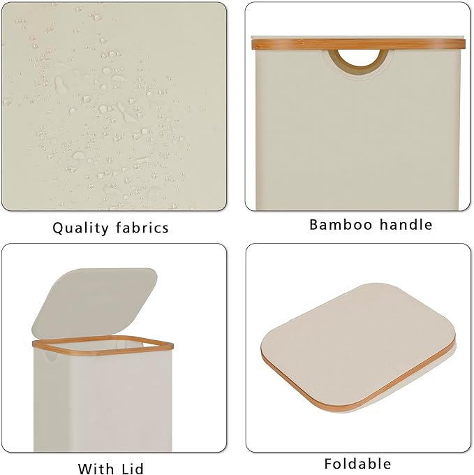 100L Laundry Hamper with Lid, Lagre Basket with Bamboo Handles, Foldable