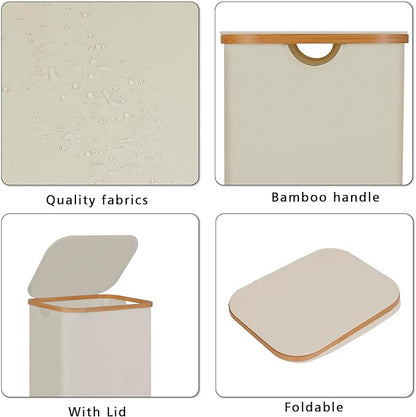 100L Laundry Hamper with Lid, Lagre Basket with Bamboo Handles, Foldable