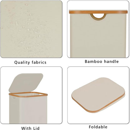 100L Laundry Hamper with Lid, Lagre Basket with Bamboo Handles,Foldable Clothes Hamper Tall Dirty Laundry Basket for Clothes Toys Towels Organizing,Beige