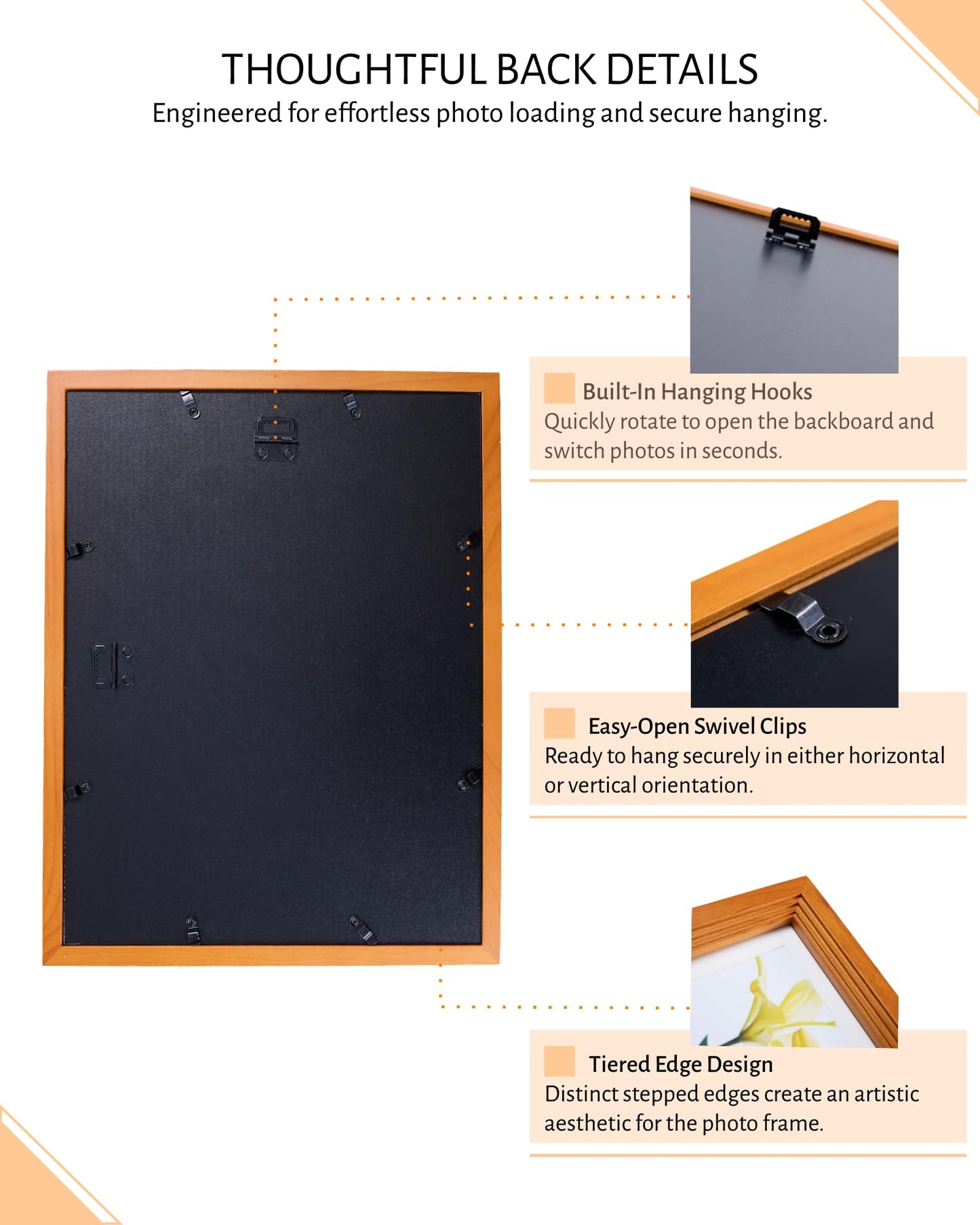 Exper City 11x14 Wooden Picture Frame, Displays 11x14 Without Mat or 8x10 With Mat, Solid Wood Colorful Photo Frame for Wall, Real Glass, Rustic Stepped Edge Design, 2 Pack, Black
