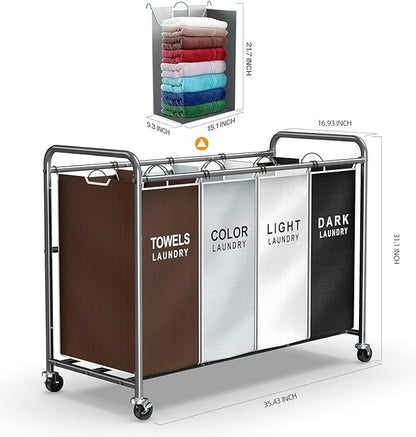 ROMOON Laundry Hamper Sorter Cart: 4-Section Organizer