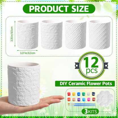 Zubebe 12 Pcs Paint Your Own Ceramic Pots Bulk Unfinished Succulent Pots Craft Kit with Drainage Hole Mini Paintable Plant Vase Ready to Paint Planter for Cactus DIY Craft (Classic)