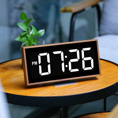 SCOAGE Wooden Digital Desk Clock, 10 x 5 Inch Plug in Electric LED Clock with Large Easy to Read Numbers, 12/24H Switch, Bright LED Display, Minimalist Desk Clock for Living Room, Office, Classroom