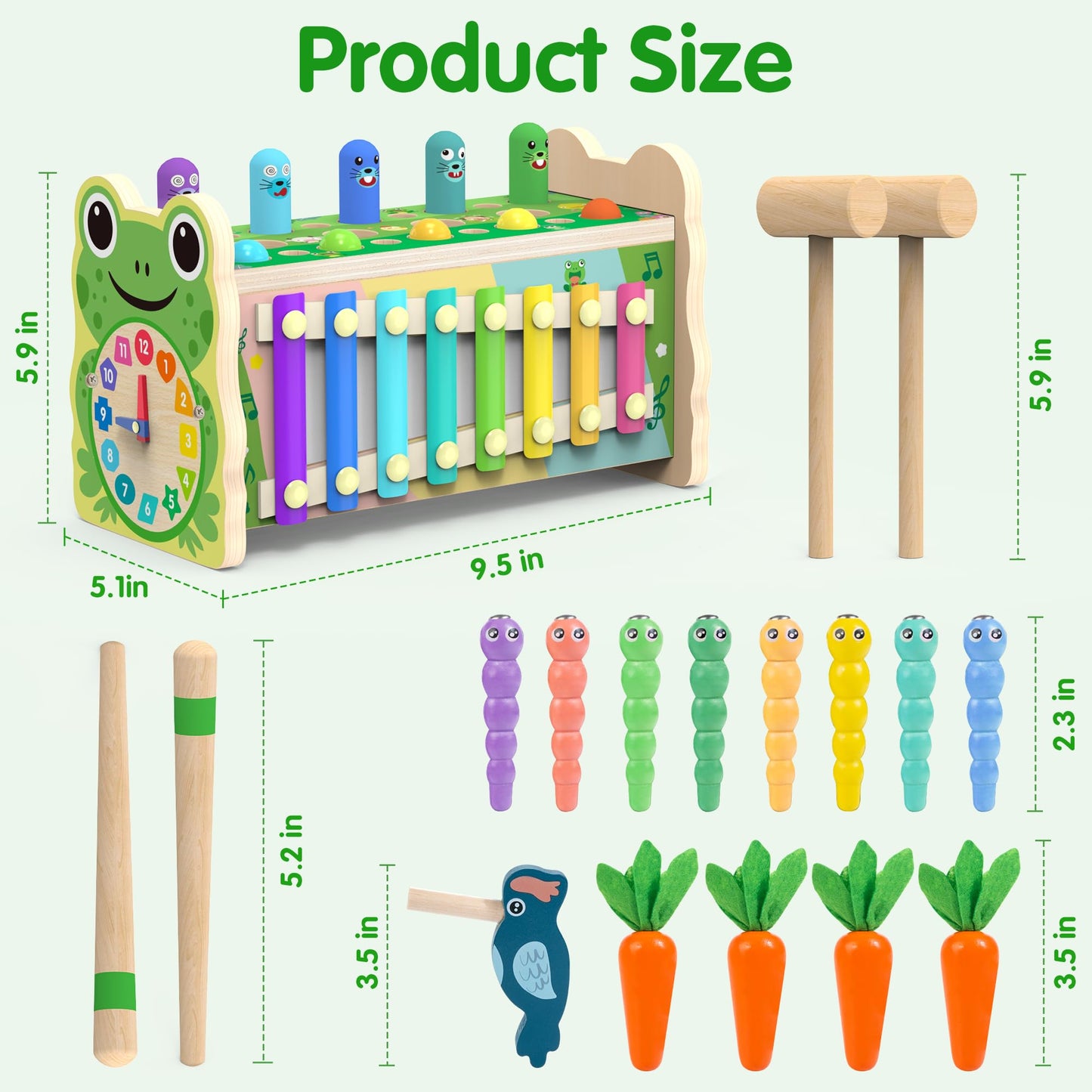 Amtreen 6-IN-1 Wooden Montessori Toys for 1 Year Old, Mole-Tapping Game | Play the Xylophone | Frog Clock | Carrot Harvest Game | Spinning Gear, Toddler Toys Aged 1-3, Baby Toy Gift for Early Learning