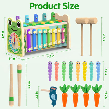 Amtreen 6-IN-1 Wooden Montessori Toys for 1 Year Old, Mole-Tapping Game | Play the Xylophone | Frog Clock | Carrot Harvest Game | Spinning Gear, Toddler Toys Aged 1-3, Baby Toy Gift for Early Learning