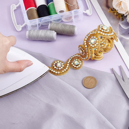 HOBBIESAY 1Yard Golden Rhinestone Applique Trim Hot Fix Ribbon Trim for Woman Wedding Crystal Applique Ribbon for Costume Accessories for Woman Hat Jeans Dress Bag