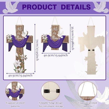 BBTO He Is Risen Easter Door Sign, 31.5 x 15.75 Inches Durable Wooden Religious Cross Hanging Decor Easter Wreaths for Front Door Christian Flowers Lent Hanging Hanger for Farmhouse Front Porch