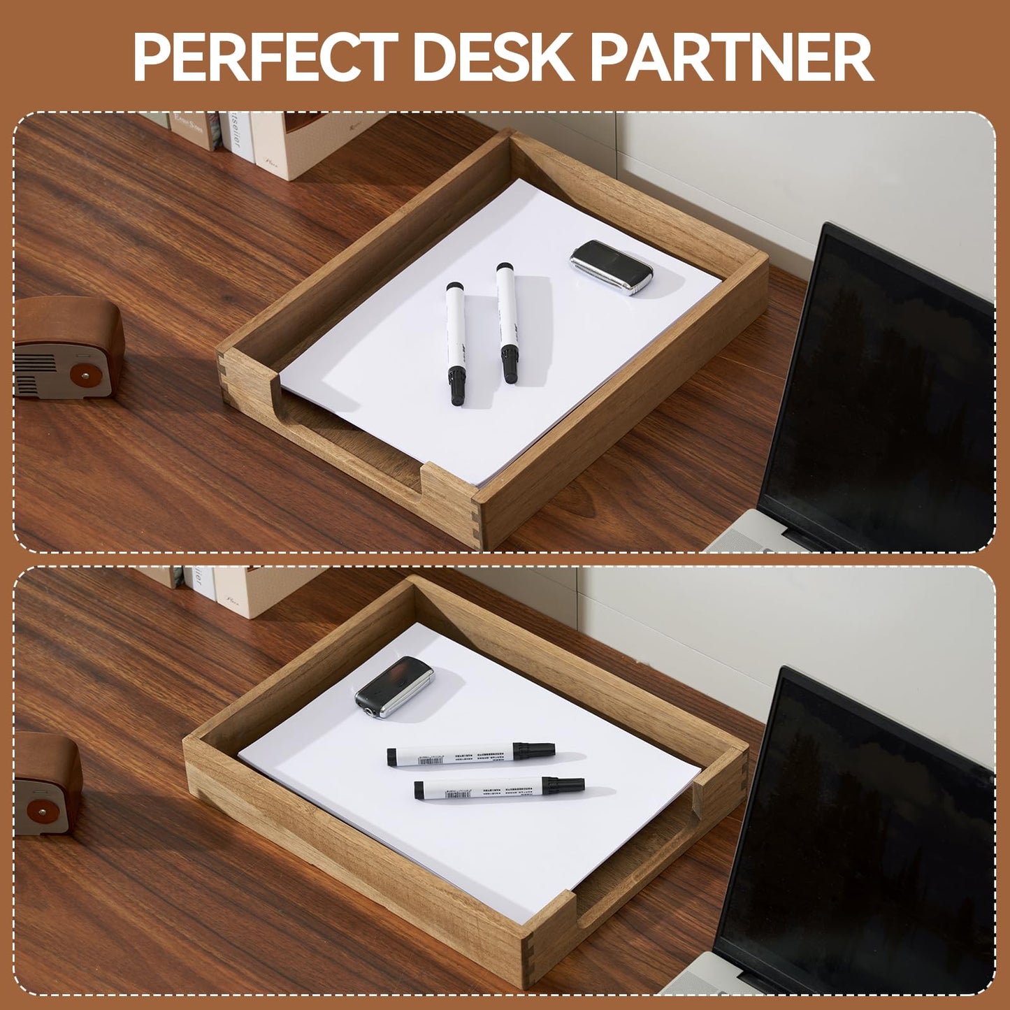 KIRIGEN Wood Letter Tray, Single-Tier Front-Load Desktop Paper Organizer, Brown Wooden Document Tray for Letter and A4 Paper, File Folder, Mail, Home Office Desk, 13.77 x 10.62 x 2.16 Inch, TP-DBR