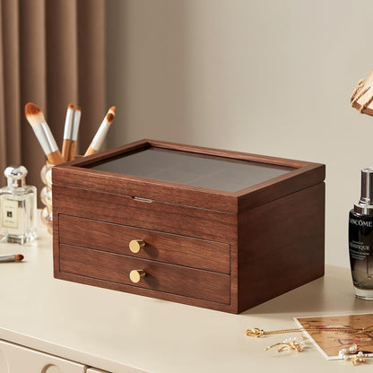 Homruilink Black Walnut Wooden Jewelry Box Women large 3 Layer Drawer Organizer Box with Glass Lid for Necklaces, Watch, Necklace, Ring, Earring Storage, Fathers Day Gift