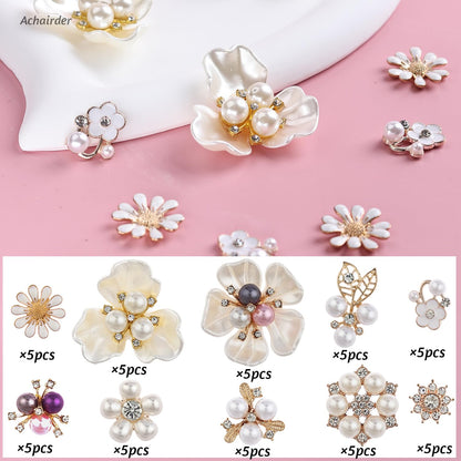 50PCS Rhinestone Buttons Faux Pearl Embellishments Buttons,Flat Back Flower Rhinestone Charms for Jewelry Making DIY Wedding Bouquet, Decor Clothes Bag Shoes Craft Accessory