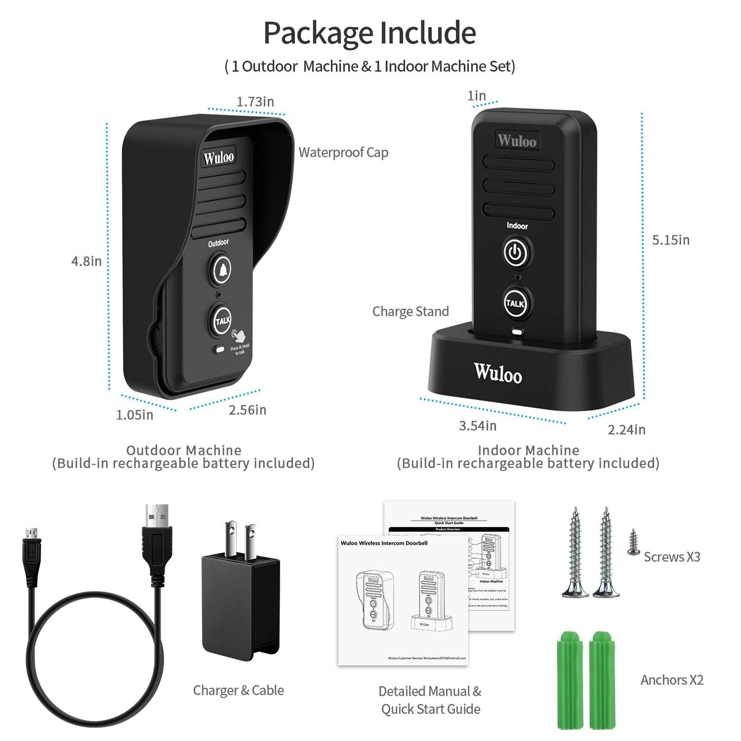 Wireless Intercom Doorbells for Home Classroom, Wuloo Waterproof Electronic Doorbell Chime with 2640 Feet Range 3 Volume Levels Rechargeable Battery (1&1-Black)