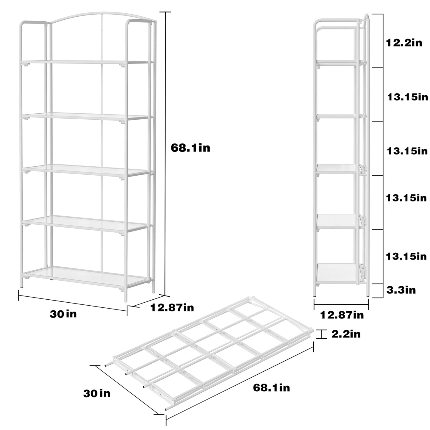 Crofy 5-Tier Wider Foldable Bookshelf, White Frame & Transparent Shelves