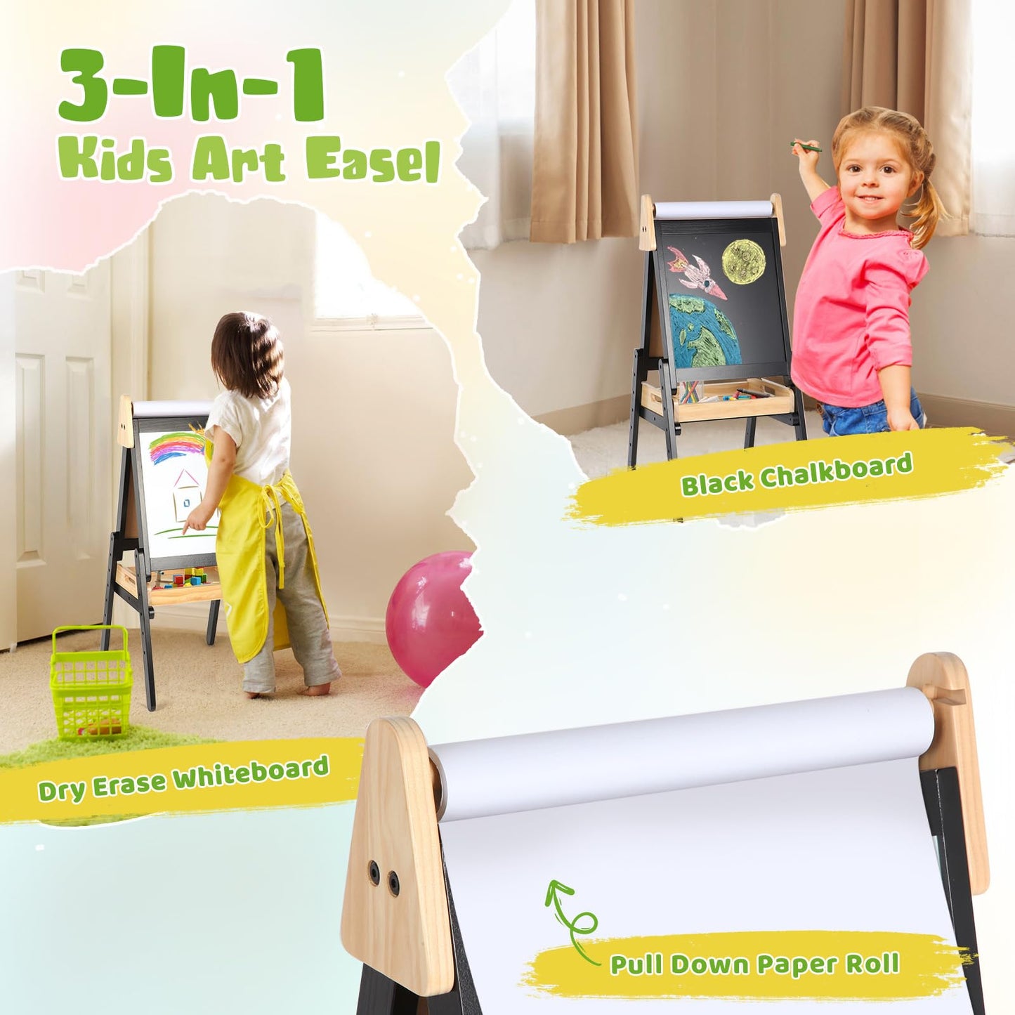 3 in 1 Easel for Little Kids with Wood Tray, Double Sided Wooden Easel with Paper Roll, Magnetic Whiteboard & Dry Erase Black Chalkboard, Height Adjustable Painting Standing for Toddlers Childrens 2-5