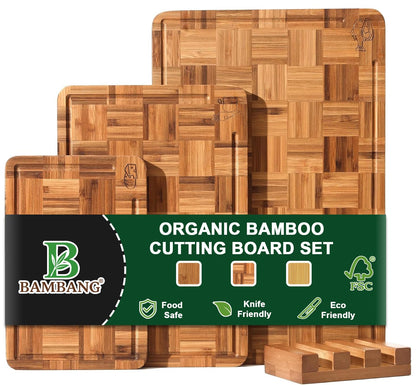 BAMBANG Bamboo Cutting Board for Kitchen with Juice Groove, End-Grain Butcher Block Chopping Boards, Checkered Wooden Cutting Boards Set of 3 with Stand, Knife-Friendly, Serving Tray