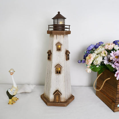 Morning View Lighthouse Decor Nautical Decoration Lighted Wood Light House Figurine Beach House Coastal Decor Table Ocean Seaside Theme Home Decor Lake House Bathroom Shelf Centerpiece 16" (White)