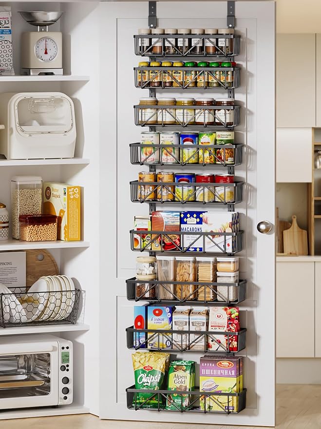 Delamu Adjustable Over the Door Pantry Organizer, 9-Tier Metal Pantry Organization and Storage for Kitchen, Hanging Spice Rack Seasoning Shelves, Cabinet Door Organizer for Easy Install, 16" Black