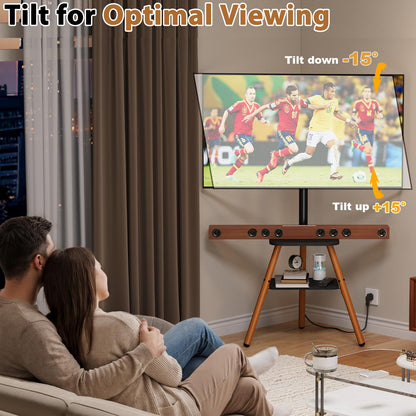 Tripod Easel TV Stand for 23-65 Inch TVs, Floor TV Stand with 2 Shelves and Cable Management for Bedroom/Living Room, Holds up to 80 lbs Adjustable Height Max VESA 400x400mm, Artistic Black Walnut