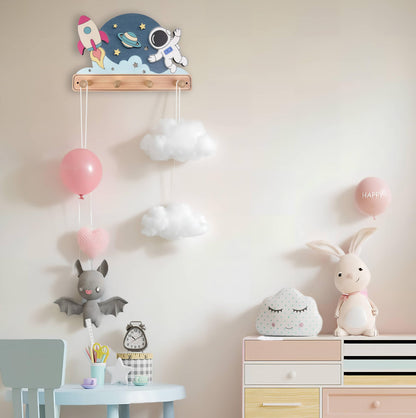 Midrean Wooden Organizer Cute Space Planet Rocket Kids Coat Rack Key Hanger Wall Mount for Coats Hats Towels Bags Hanging Decorative Wood Hook