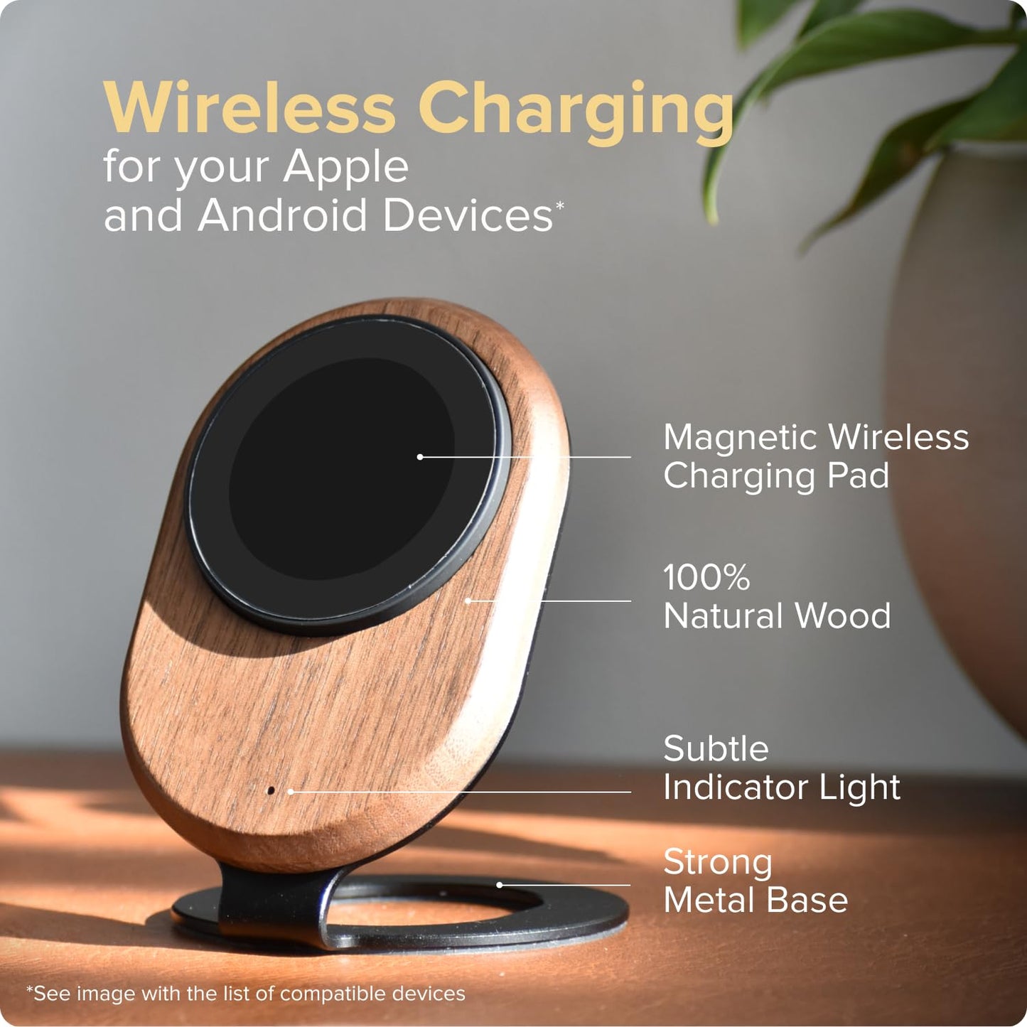 ARK Uno - Solid Wood MagSafe Stand Magnetic Wireless Charging Station w/Adapter & USB to USB C15W Wireless Charger. for iPhone 12-17 & Some Samsung. Home, Office, Kitchen,Best Mens Gifts!