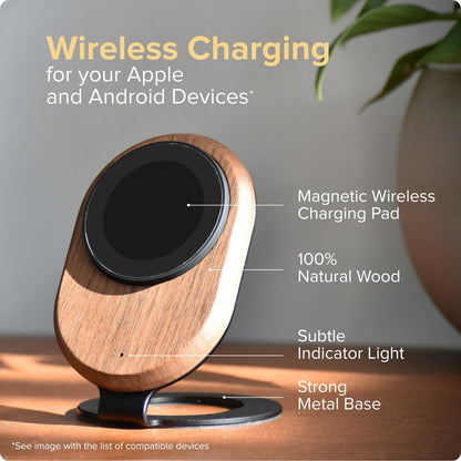 ARK Uno - Solid Wood MagSafe Stand Magnetic Wireless Charging Station w/Adapter & USB to USB C15W Wireless Charger. for iPhone 12-17 & Some Samsung. Home, Office, Kitchen,Best Mens Gifts!