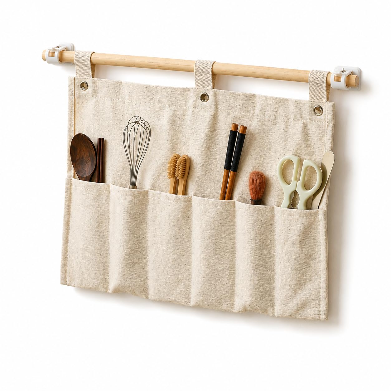 Viscrenox No Drill Canvas Wall Organizer with Mounting Clips, Hanging Pocket Organizer with Wooden Rod, Fabric Wall Storage for Bedroom, Bathroom, Entryway(Large)