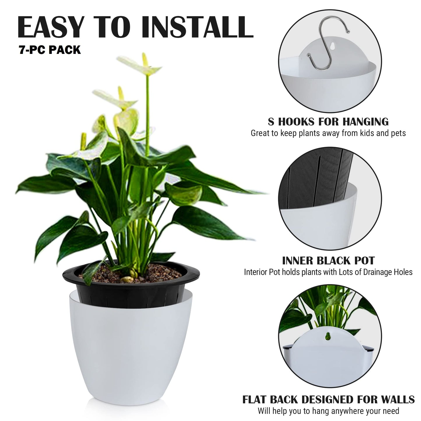 ShoppeWatch Self Watering Wall Planters for Indoor Plants 7 Pack Large 7 Inch with Hooks | Outdoor Railing Planters | Wall Pots for Plants | Wall Hanging Planters | White Wall Mounted Planters PL35