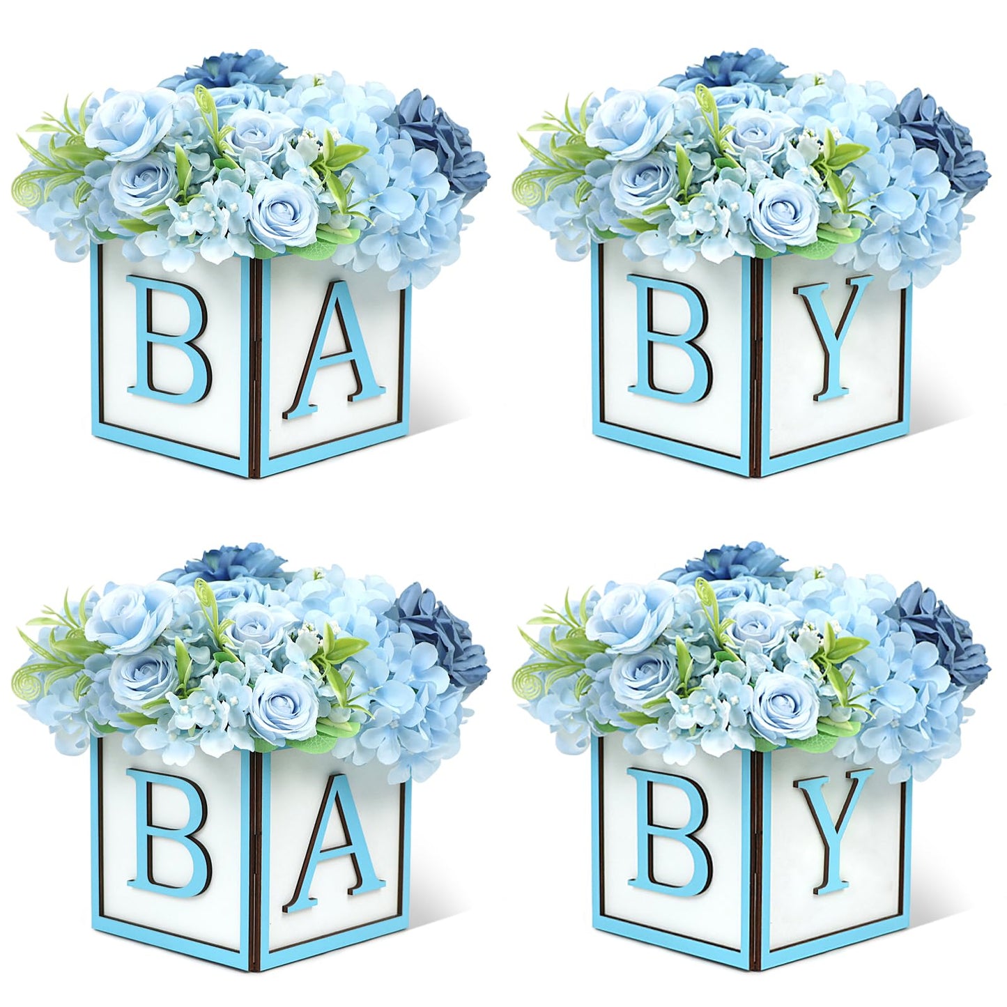 MASTRON Baby Shower Boxes Decorations 4Pcs Wood Baby Blocks with Printed Baby Letter, Blue Baby Shower Centerpieces for Table, Gender Reveal Neutral Baby Shower Supplies