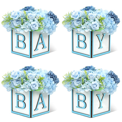 MASTRON Baby Shower Boxes Decorations 4Pcs Wood Baby Blocks with Printed Baby Letter, Blue Baby Shower Centerpieces for Table, Gender Reveal Neutral Baby Shower Supplies