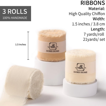 DORIS HOME Nude and Ivory Chiffon Ribbon for Flower Bouquet, 1.5" x21Yd Fabric Ribbon for Gift Wrapping, Handmade Frayed Ribbon for Wedding Christmas Decorations