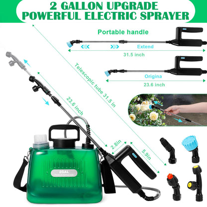 WYRJXYB Battery Powered Sprayer 2 Gallon, Upgrade Electric Garden Sprayer with 4 Mist Nozzles,USB Rechargeable Handle,31in Telescopic Wand,1 Glove,Portable Garden Sprayer for Yard Lawn Garden Watering