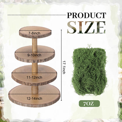 Wenqik 4 Tier Wooden Cupcake Stand Rustic 17 Inch Natural Wood Display Tower Stand with 7 oz Fake Green Faux Moss for Woodland Baby Shower Wedding Birthday Party Decor Garden Dessert Table Centerpiece