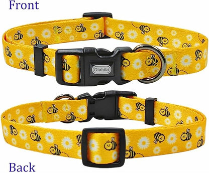 Dog Collar Leash Set, Floral Pattern, Polyester Material, Adjustable Collar and 5ft Matching Leash, for Medium Dogs.(M, Bee Daisy)