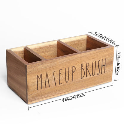 LBEMEY Acacia Wood Makeup Brush Organizer for Vanity,Cosmetic Skincare Organizers, Makeup Organizer with 3 Slots,Organizer Countertop for Cosmetics,Skincare, Brushes, Mascara,Lipstick,Pencils, Brown
