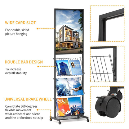 lesolar Floor-Standing Magazine Rack with Poster Board Stand, 4-tier Metal Magazine Rack with Wheels, Newspaper Holder, Book Brochure Display Stand, Poster Sign Holder for Exhibitions Store Business
