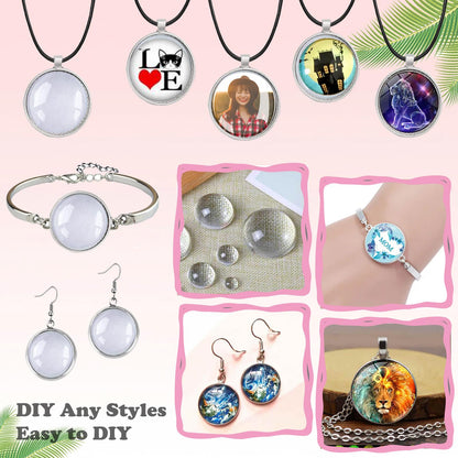 J6QIHANG Pendant Trays Set with Cabochon Glass, Round Pendant Bezel Blank Trays, Bracelet Bangles Earrings Hooks Blanks for DIY Photo Cameo Jewelry Crfats Making