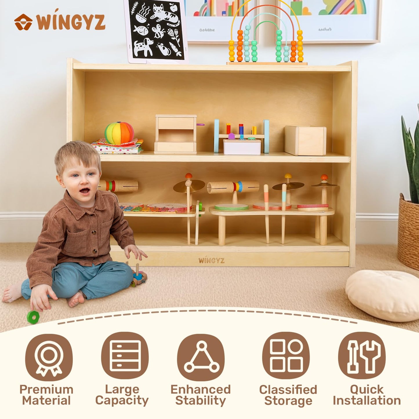 WINGYZ Wooden Storage Cabinet, 2-Tier Kids Toy Storage Organizer, Spacious Montessori Kids Bookshelf, Toy Shelf Storage Organizer for Playroom Classroom Nursery Study Room Living Room