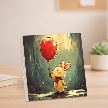 Cute Bunny Wooden Block Sign, Whimsical Balloon Rabbit Art Shelf Sitter, Nursery Kids Room Table Mantel Decor, Adorable Home Accent Gift