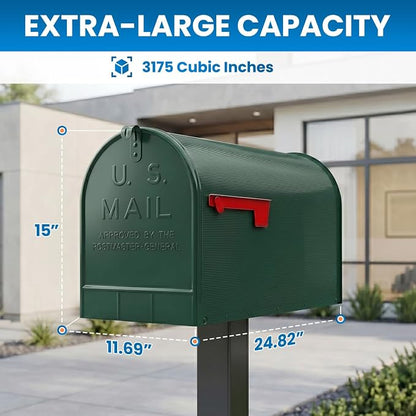 Plexon Jumbo Size Rural Mailbox, 3175 cu-in Capacity, Galvanized Steel, Powder-Coated, 15 in. H x 11.69 in. W x 24.82 in. L, Green, Extra Large