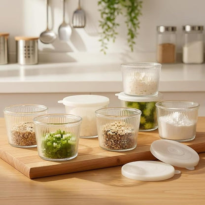 4 Sets Small Glass Bowls with Lids 6.8oz Ribbed Clear Glass Containers Stackable Dessert Custard Pudding Cups Condiment Bowls for Sauces Dips Nuts Oats Candy Dessert Cereal