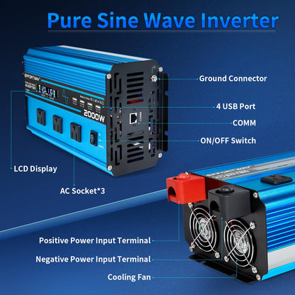 2000W Pure sine Wave Inverter 4000W (Peak) DC 12V to AC 110V/120V Converter with LCD Display Wireless/Wired Remote Control 3AC Outlets and 4USB for Camping RV Travel Off-Grid Solar Systems